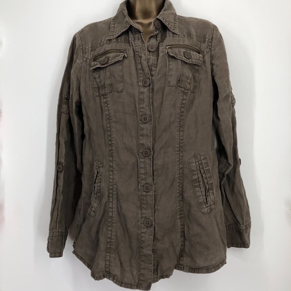 CAbi green linen shirt jacket